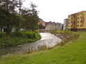 Esíčko řeky Moravy v Hanušovicích pod železničním mostem na trati na Zábřeh na Moravě.