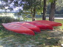 Šestice červených rakouských kajaků na pravém břehu Moravy nedaleko obce Hohenau an der March.
