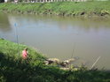 Rybář pod pravobřežním kanalizačním vyústěním v Kroměříži.