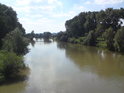 Morava mezi silničním a železničním mostem u Kojetína pohledem po proudu řeky.